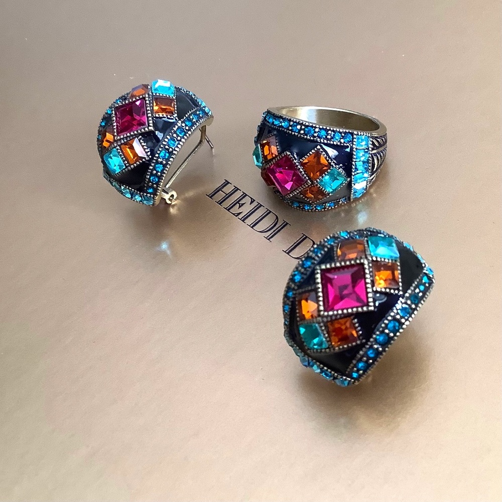 Heidi Daus Set Master Clasp Earrings and Ring Multi Colored Pierced Ring SZ 10